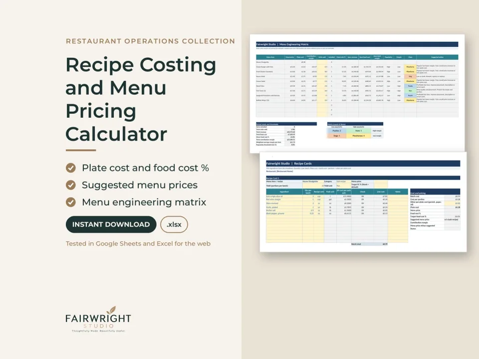 Recipe Costing and Menu Pricing Calculator: main product preview