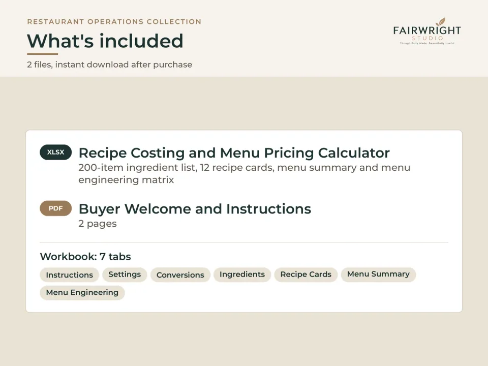 Recipe Costing and Menu Pricing Calculator: detailed contents