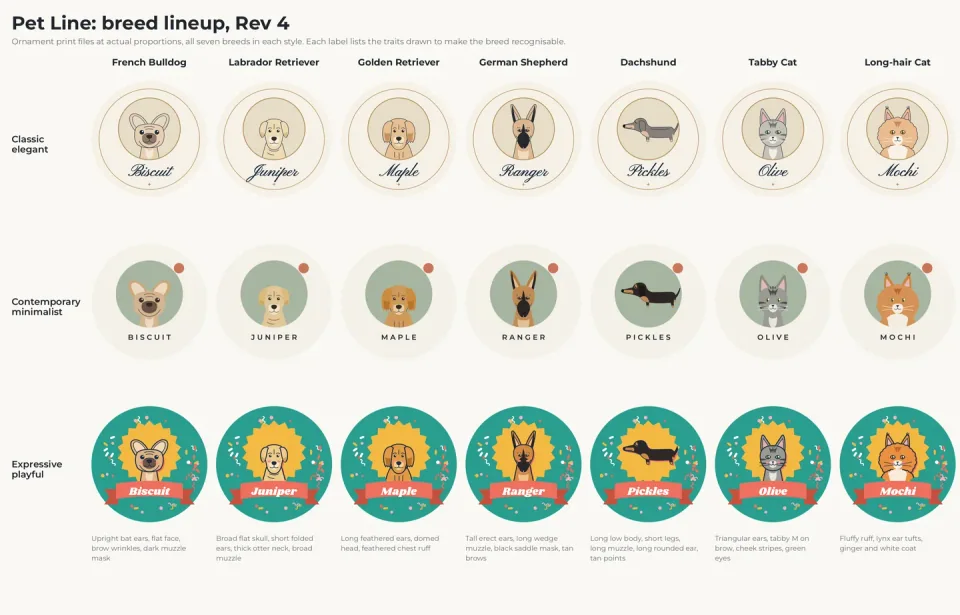 Pet Line Portrait designs showing all seven breed options